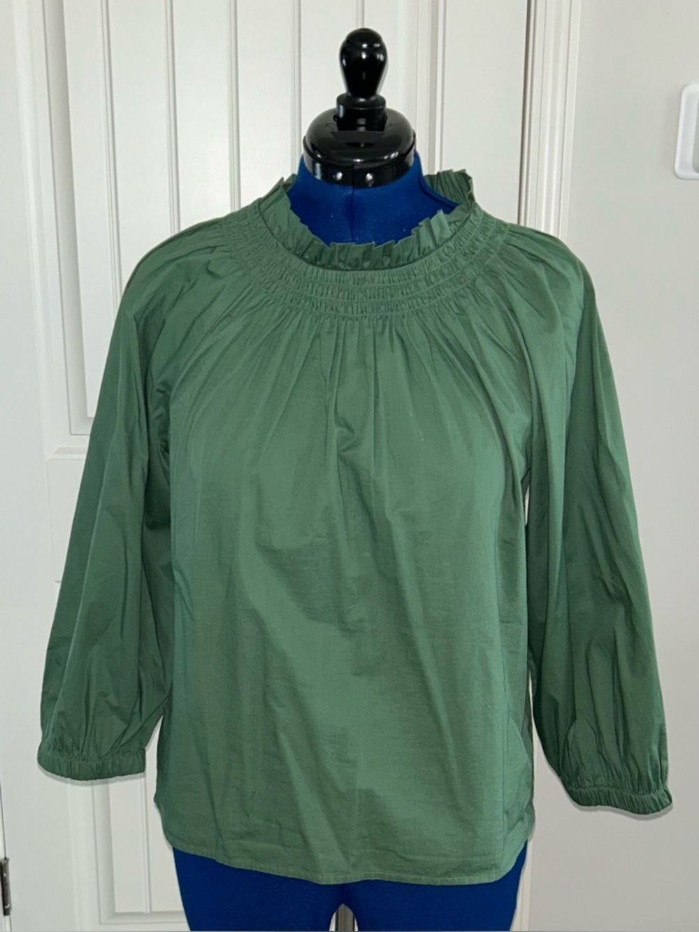 J. Crew Green Smocked Ruffle Neck Blouse